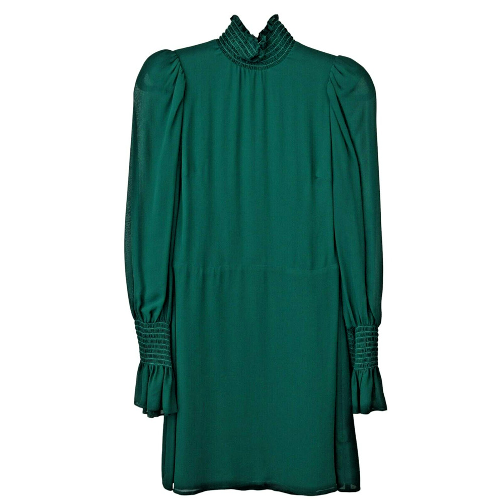 Reformation Archie Mini Dress Size 2 Forest Green Long Bell Sleeve Mock Neck